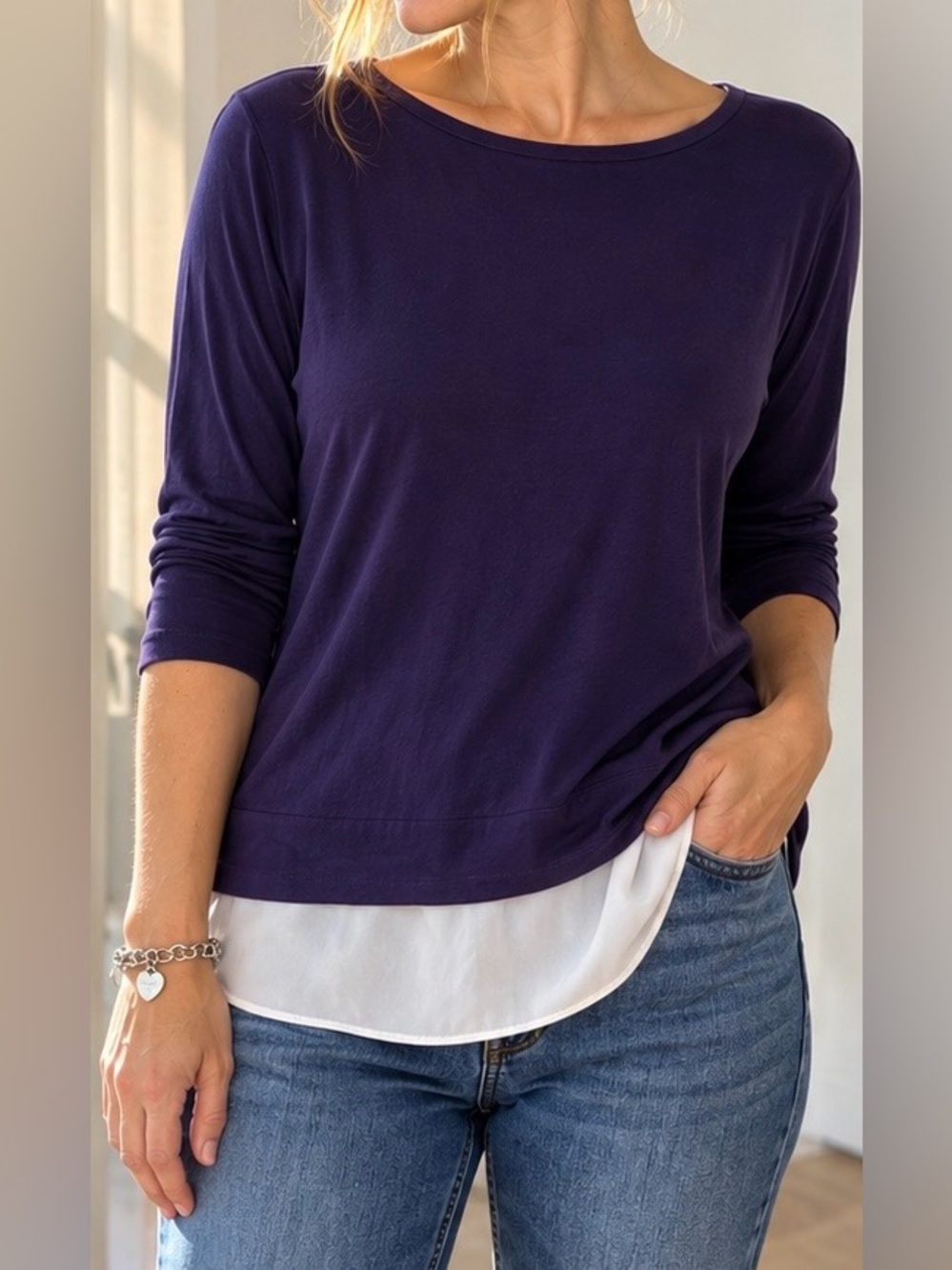 DKNYC Purple Layered Look Top 3/4 Sleeve Faux Shirt Hem